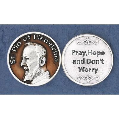 Padre Pio "Pray Hope and Don't Worry" enameled pocket prayer token/coin