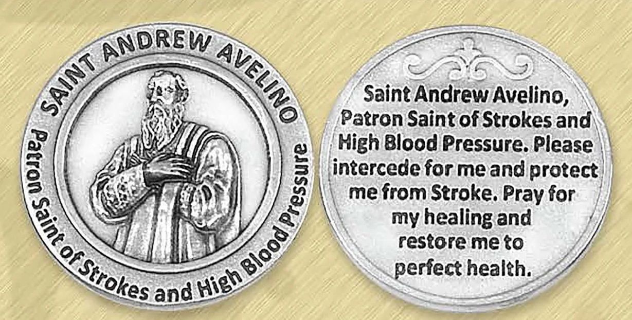 St Andrew Avellino Patron of Stroke Sufferers &amp; Heart Conditions pocket prayer token/coin