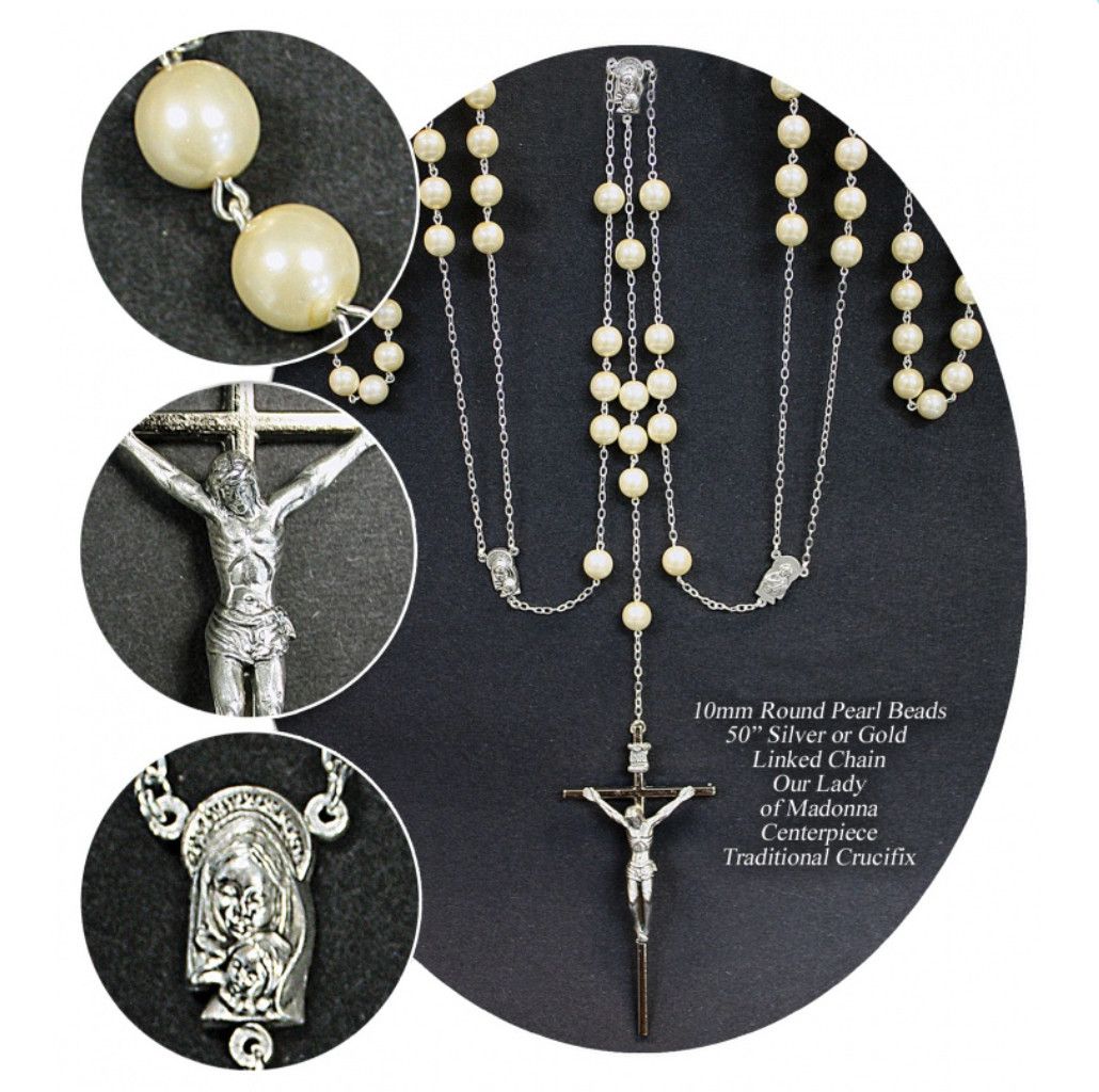 Wedding Rosary Lasso: silver/pearl white 10mm, deluxe box