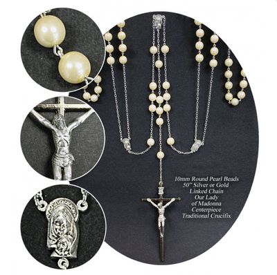 Wedding Rosary Lasso: silver/pearl white 10mm, deluxe box