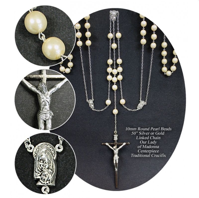 Wedding Rosary Lasso: silver/pearl white 10mm, deluxe box
