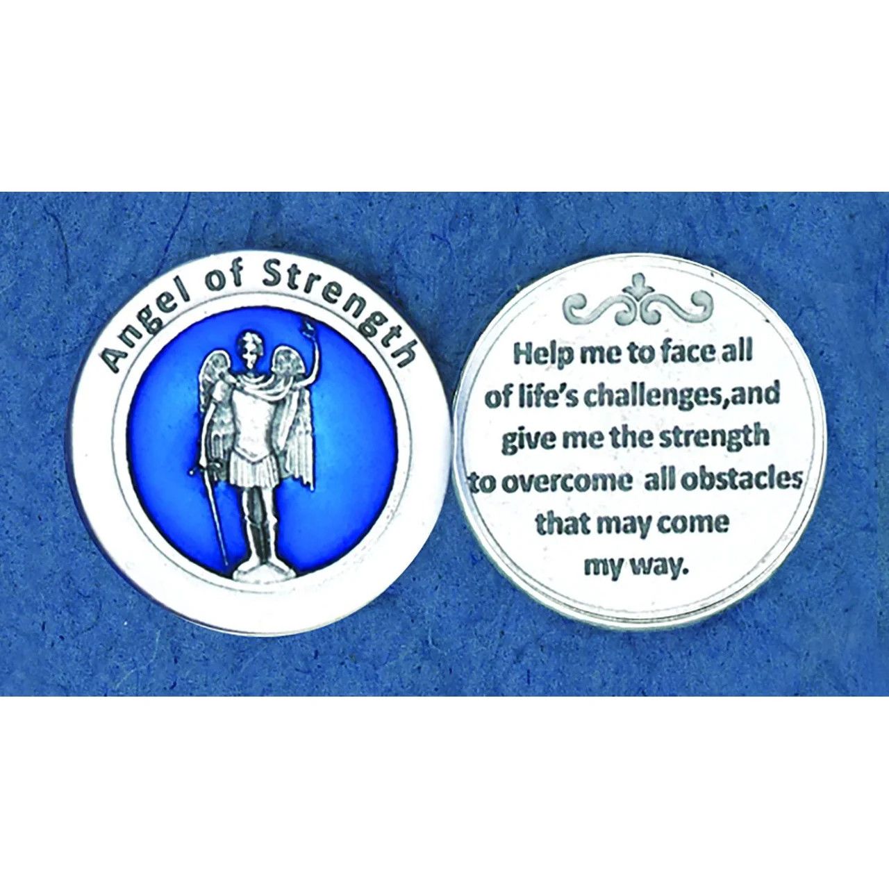 Angel of Strength blue enameled pocket prayer token/coin