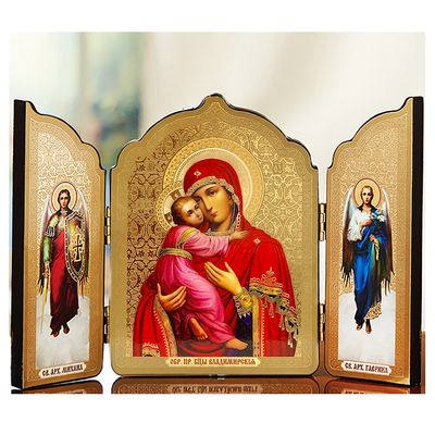 Virgin Of Vladimir with Archangels Michael & Gabriel Triptych Icon 5 1/4" Virgin Of Vladimir with Archangels Michael & Gabriel Triptych Icon 5 1/4"