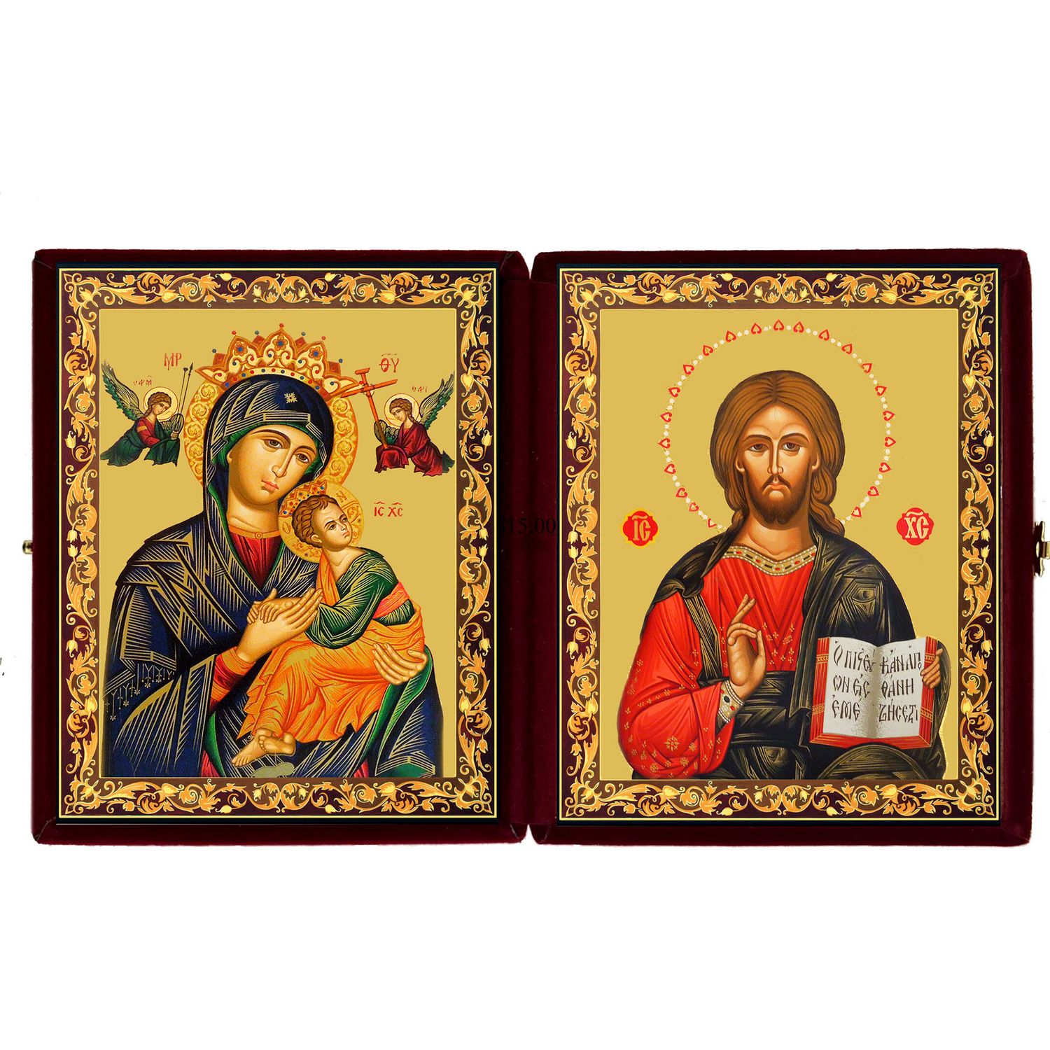 Our Lady of Perpetual Help and Christ The Teacher Diptych Gold Foil Icon in velvet case 5"