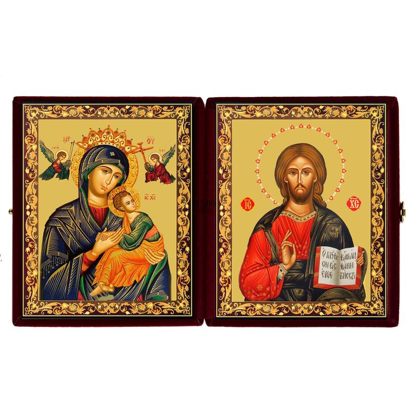 Our Lady of Perpetual Help and Christ The Teacher Diptych Gold Foil Icon in velvet case 5"