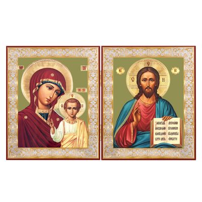 Christ The Teacher and Virgin of Kazan - Gold Foil Diptych Icon 8"