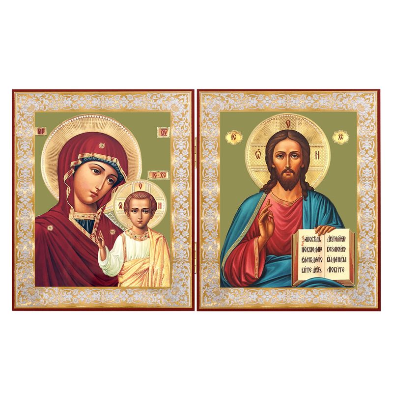 Christ The Teacher and Virgin of Kazan - Gold Foil Diptych Icon 8"