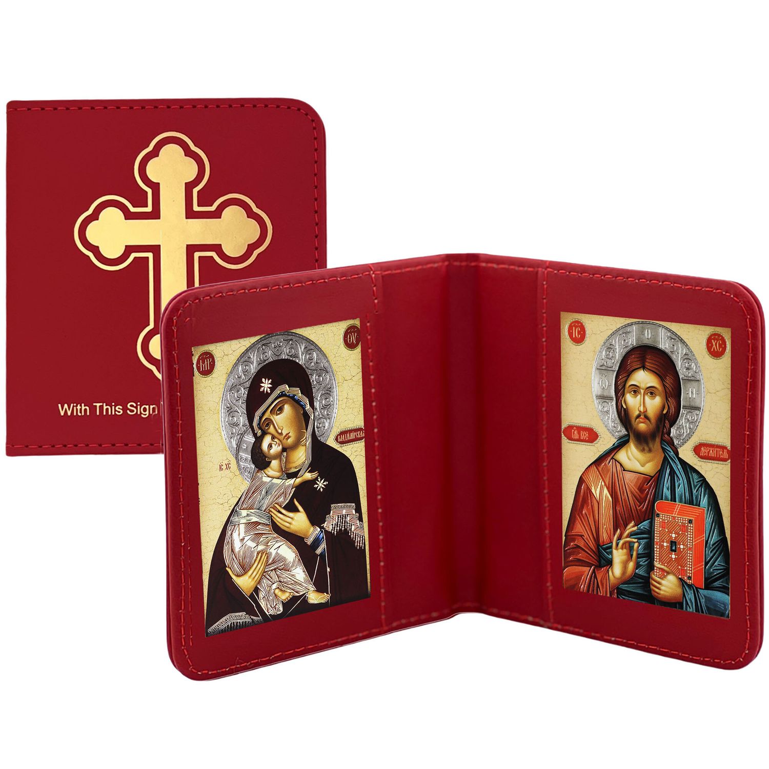Traveling Icon Diptych - Virgin of Vladimir &amp; Christ The Teacher  - Leatherette Case