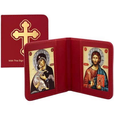Traveling Icon Diptych - Virgin of Vladimir &amp; Christ The Teacher  - Leatherette Case