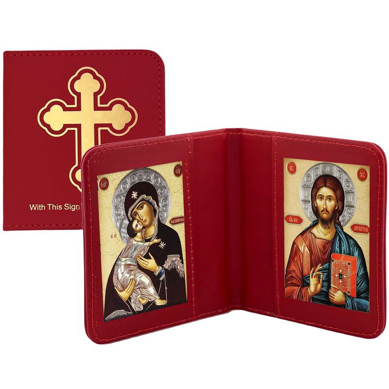 Traveling Icon Diptych - Virgin of Vladimir &amp; Christ The Teacher  - Leatherette Case