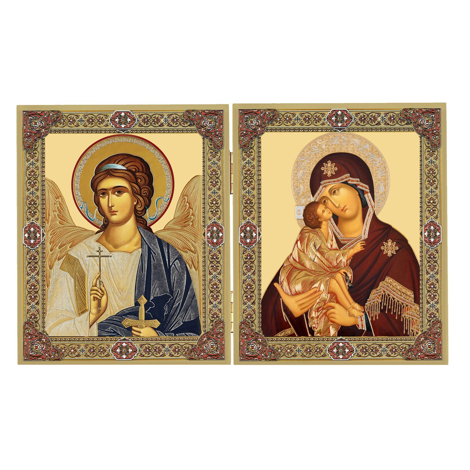 Gold Foil Diptych Icon - Virgin and Child &amp; Guardian Angel,  5 1/4 inch tall