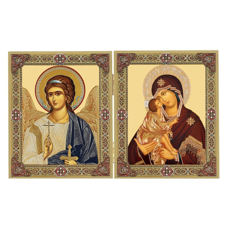 Gold Foil Diptych Icon - Virgin and Child &amp; Guardian Angel,  5 1/4 inch tall