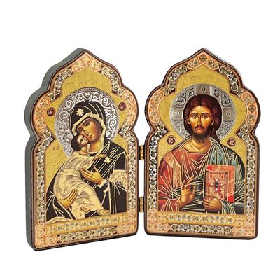 Gold Foil Diptych Icon - Virgin of Vladimir and Christ The Teacher 4" dome-shaped