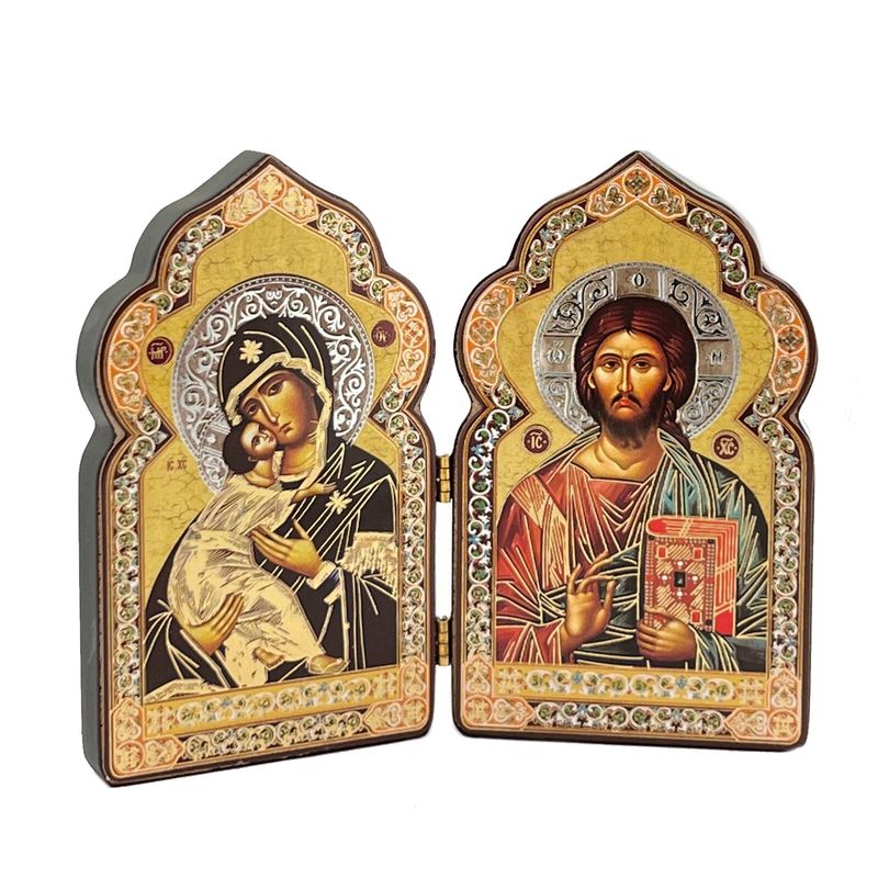 Gold Foil Diptych Icon - Virgin of Vladimir and Christ The Teacher 4" dome-shaped