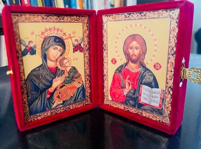 Our Lady of Perpetual Help and Christ The Teacher Diptych in Velvet Case 3 1/4" - Gold Foil Icons