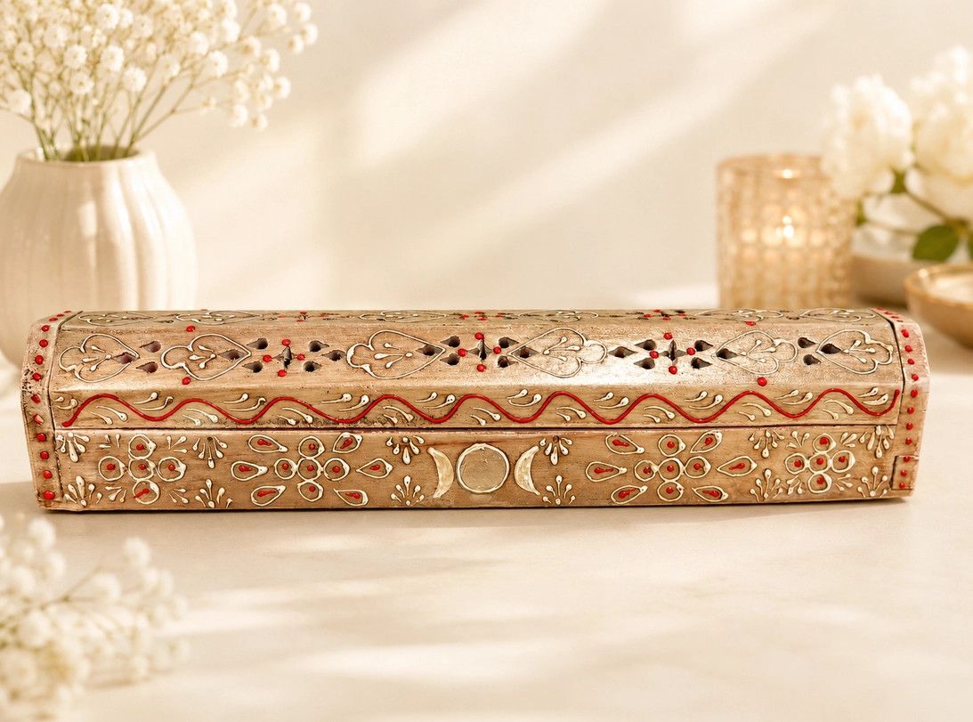 Hand Painted Wooden Incense Box - Natural (12 in.)