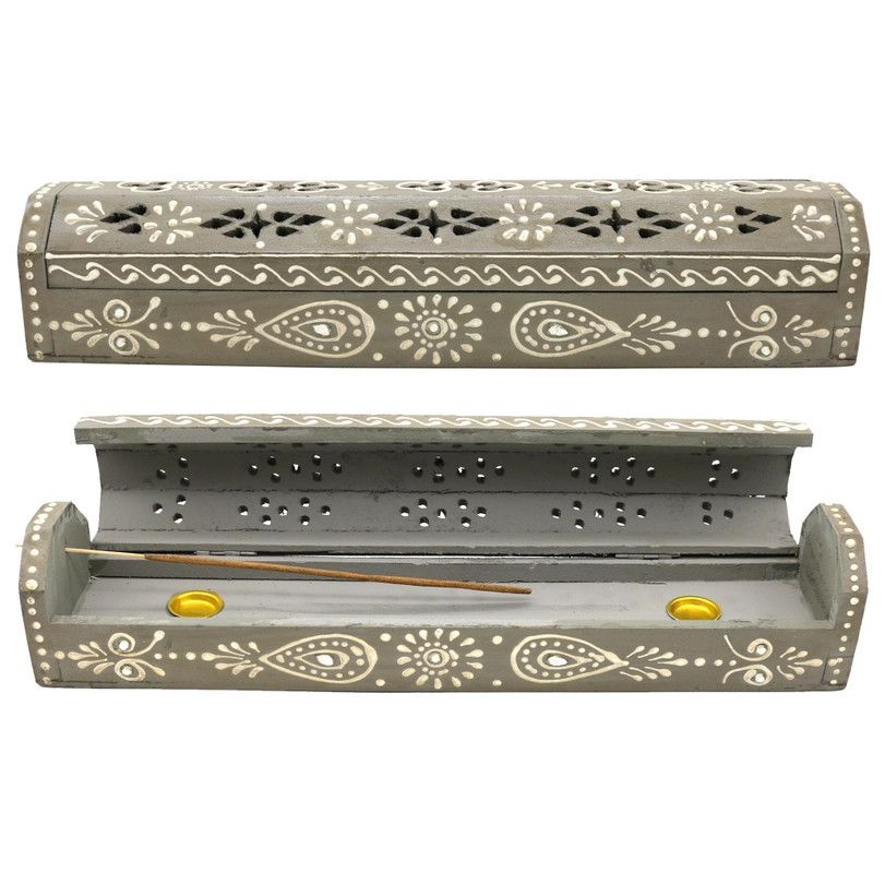 Hand Painted Wooden Incense Box - Gray