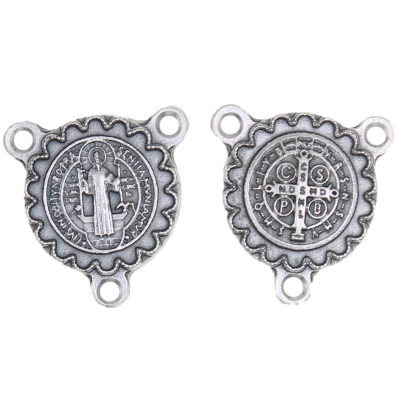 St Benedict Rosary Center with beveled edges, silver-tone