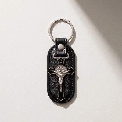 Leather St Benedict Crucifix Keychain Fob Black, the Power of the Cross