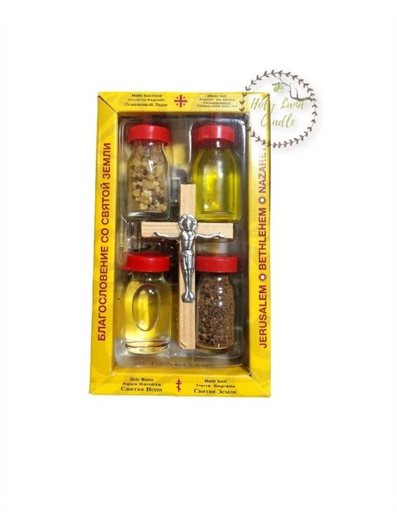 Holy Land Devotional Set – Olive Wood Cross, Holy Water, Oil, Earth &amp; Frankincense