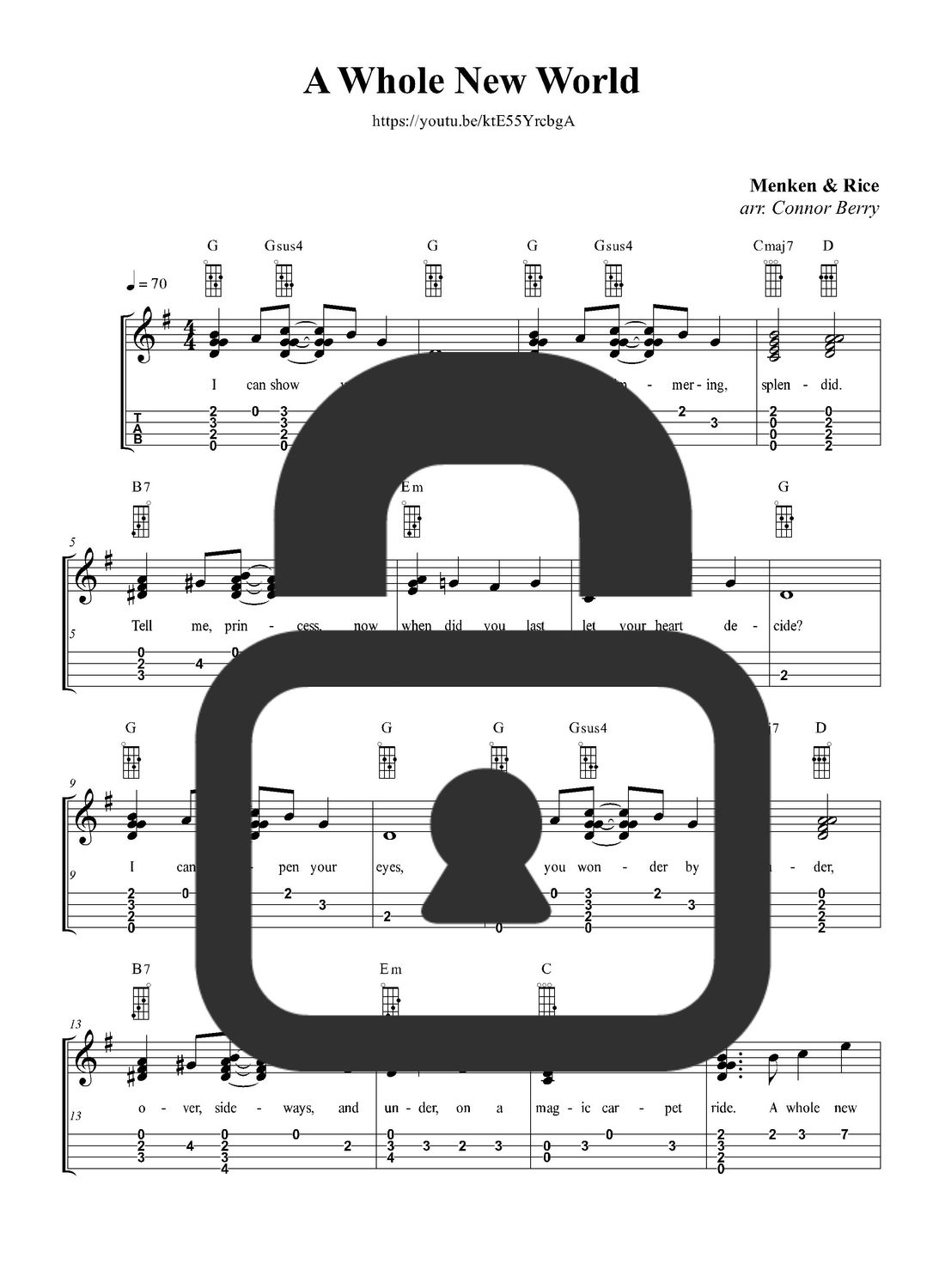 &quot;A Whole New World - Disney&#39;s Aladdin&quot; Fingerstyle Ukulele Tab Sheet