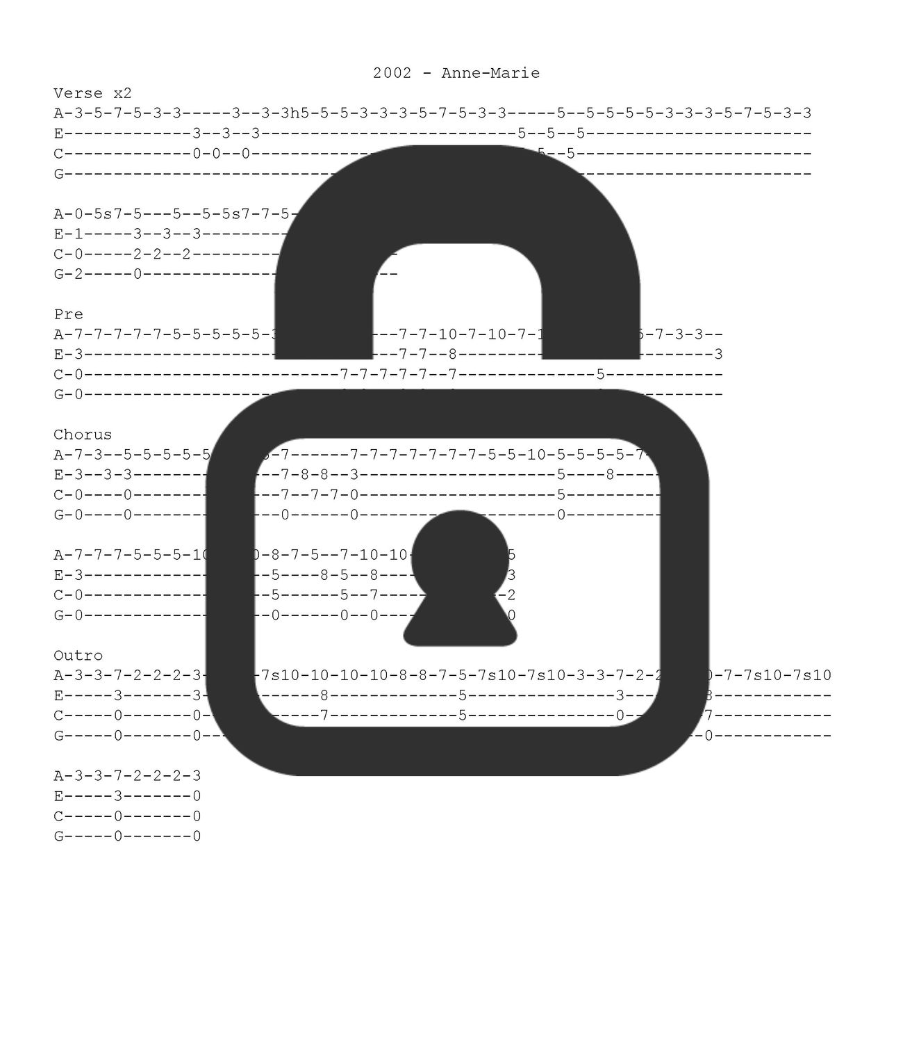 &quot;2002 - Anne-Marie&quot; Fingerstyle Ukulele Tab Sheet