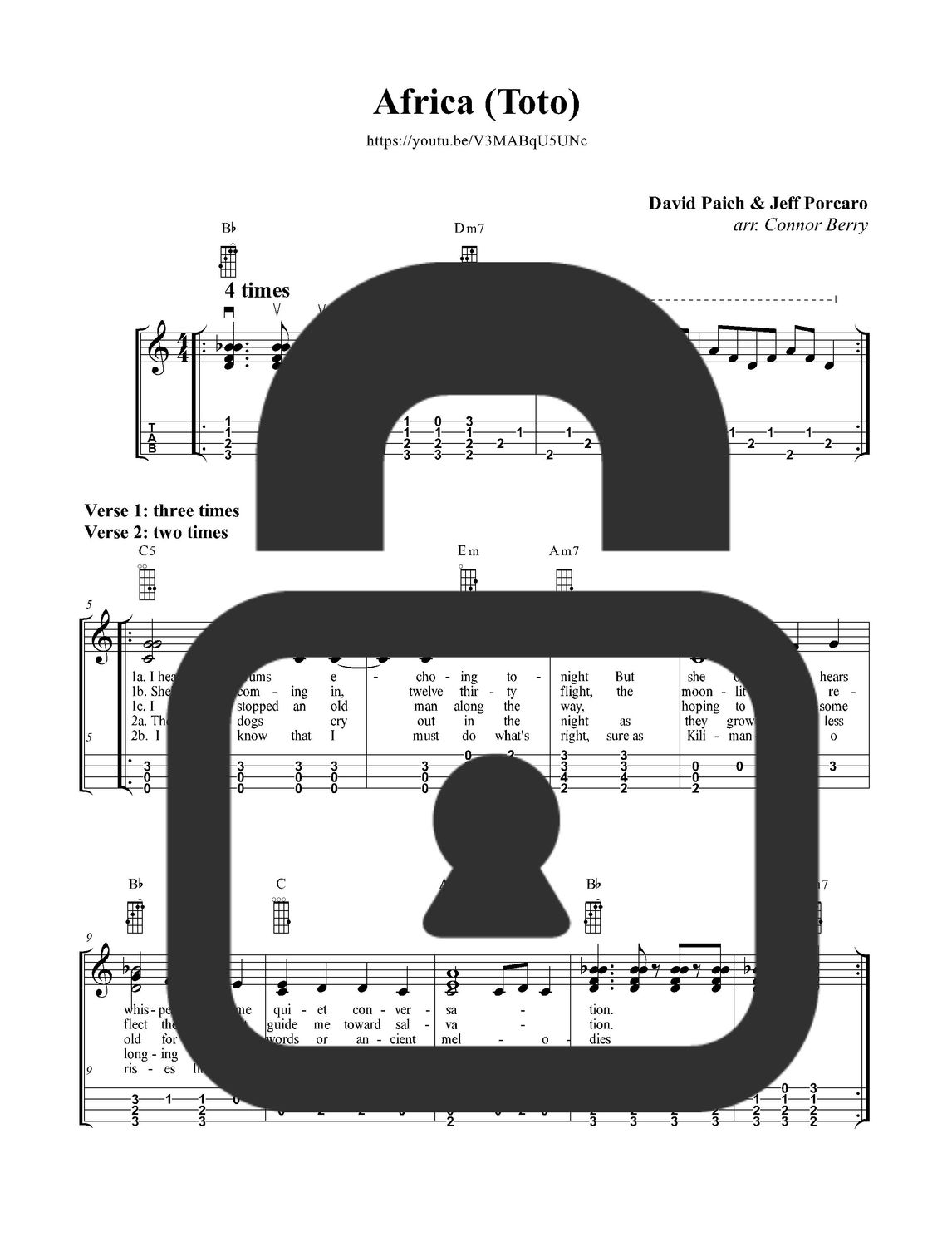 &quot;Africa - Todo&quot; Fingerstyle Ukulele Tab Sheet