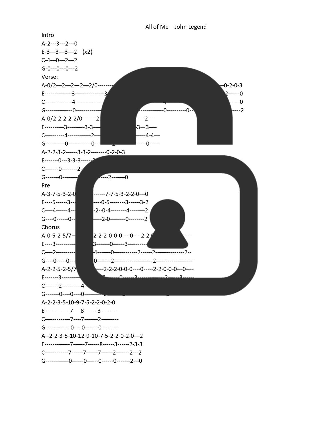 &quot;All of Me - John Legend&quot; Fingerstyle Ukulele Tab Sheet