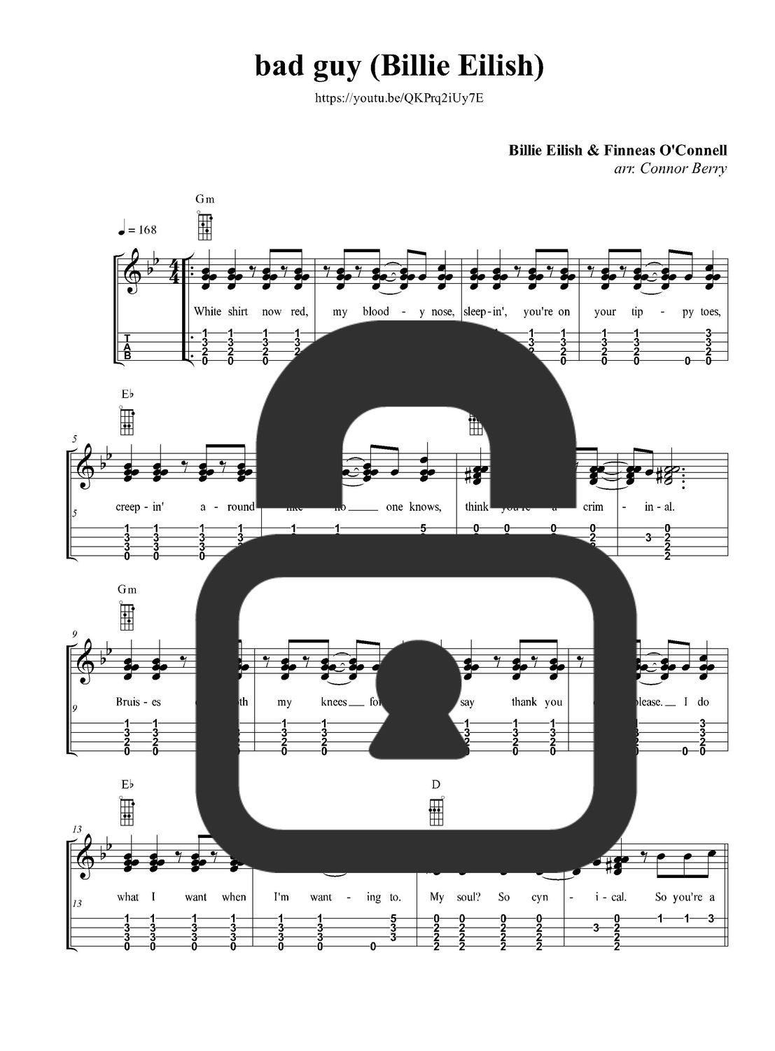 &quot;Bad Guy - Billie Eilish&quot; Fingerstyle Ukulele Tab Sheet