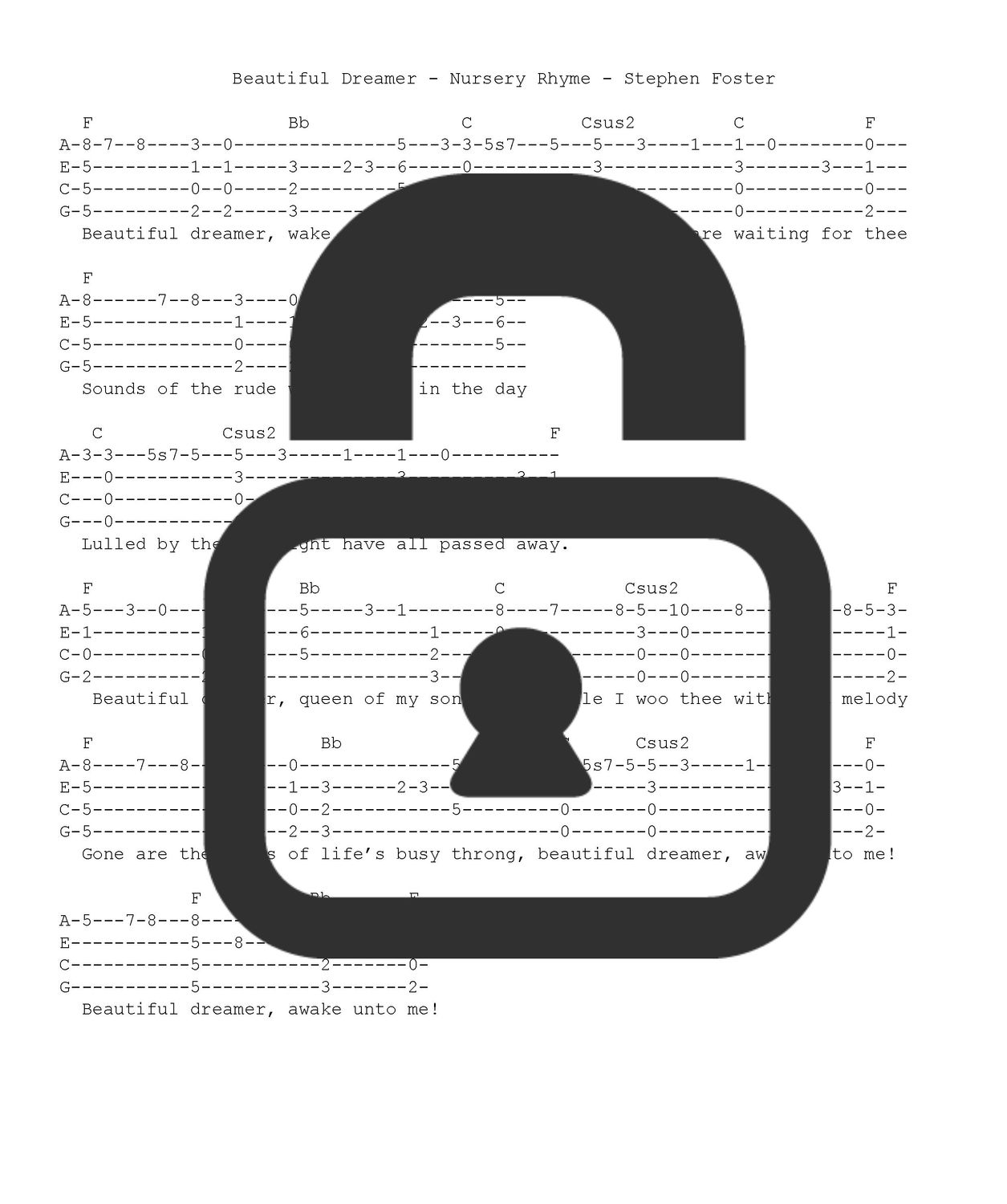 &quot;Beautiful Dreamer - Stephen Foster&quot; Fingerstyle Ukulele Tab Sheet