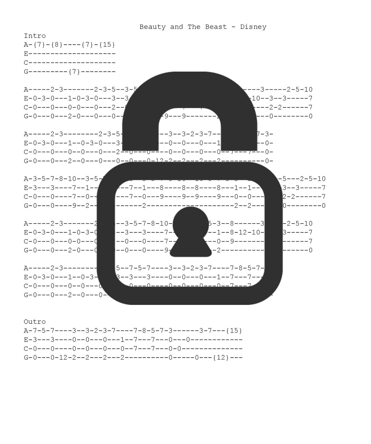 &quot;Beauty and the Beast - Disney&quot; Fingerstyle Ukulele Tab Sheet
