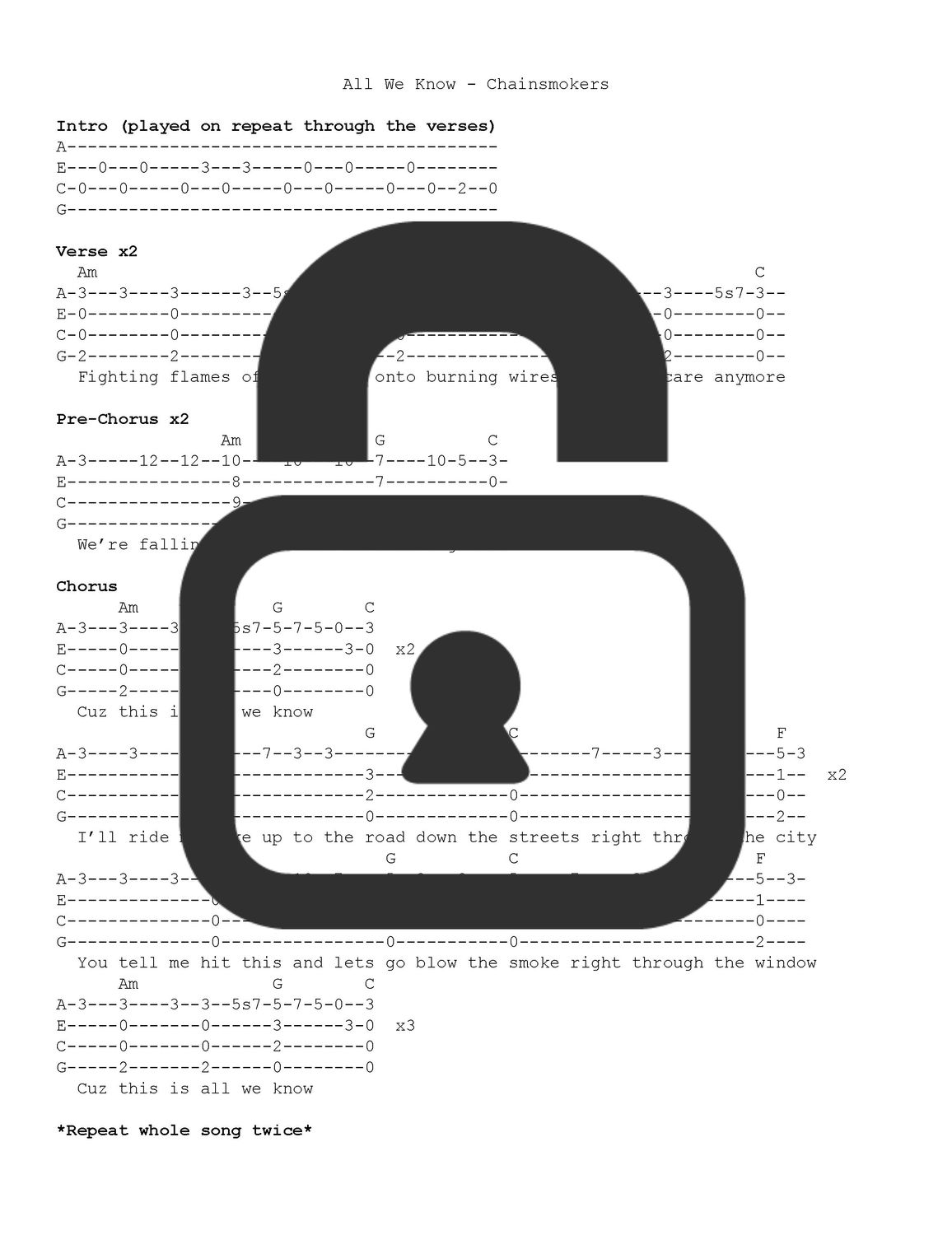 &quot;All We Know - The Chainsmokers&quot; Fingerstyle Ukulele Tab Sheet