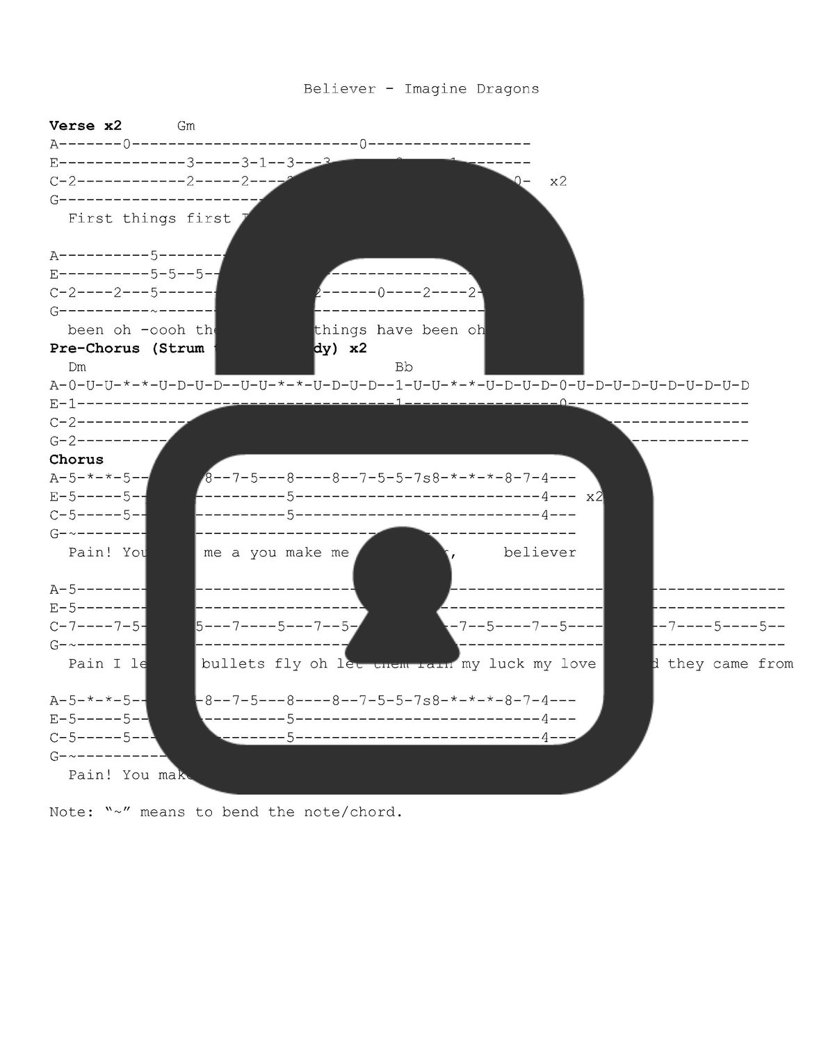 &quot;Believer - Imagine Dragons&quot; Fingerstyle Ukulele Tab Sheet