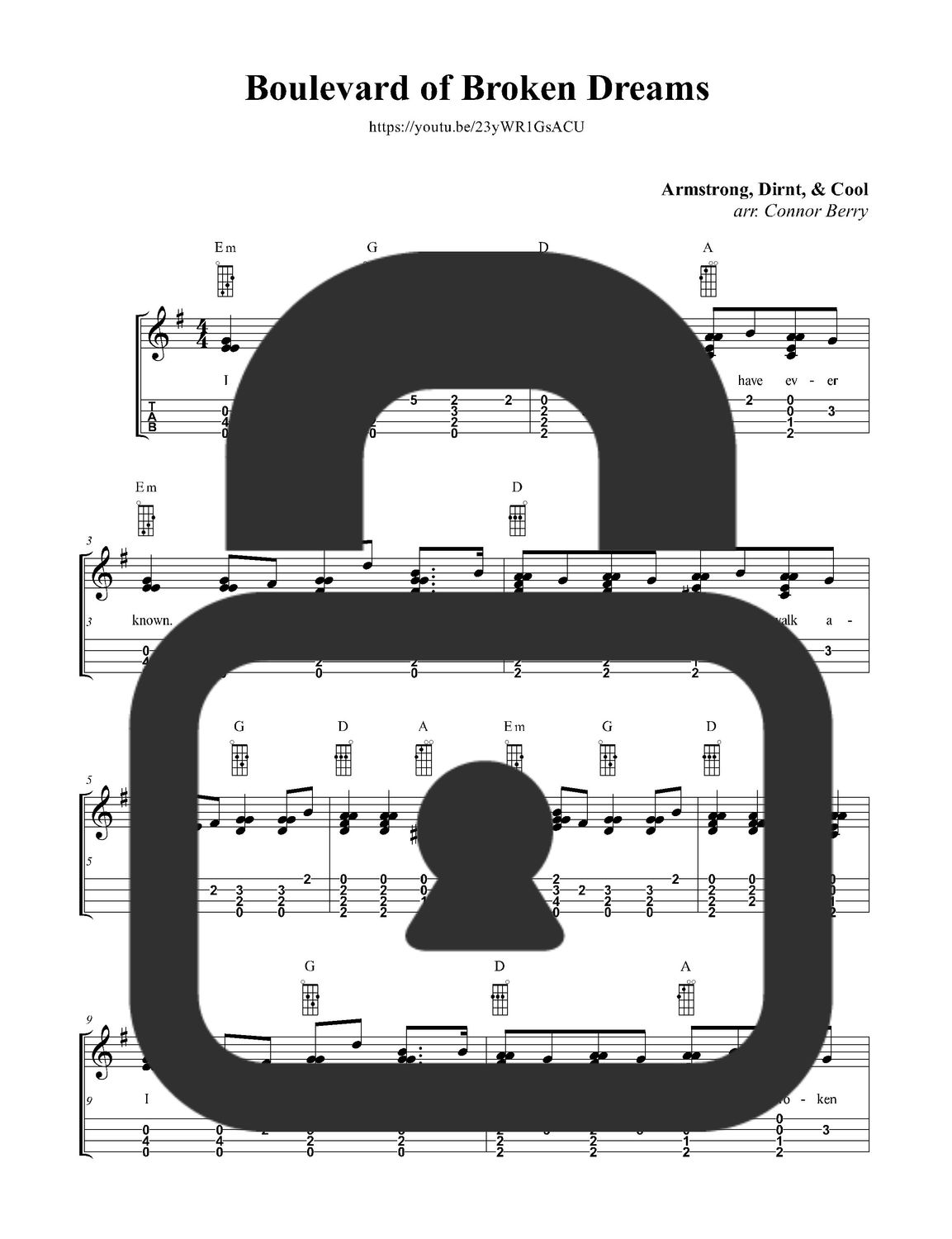 &quot;Boulevard of Broken Dreams - Green Day&quot; Fingerstyle Ukulele Tab Sheet