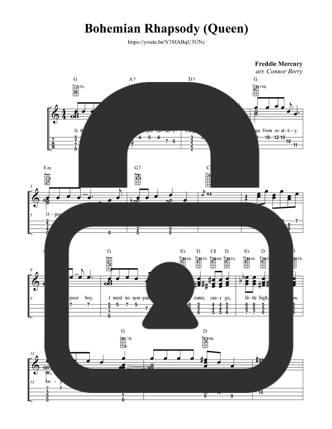 &quot;Bohemian Rhapsody - Queen&quot; Fingerstyle Ukulele Tab Sheet