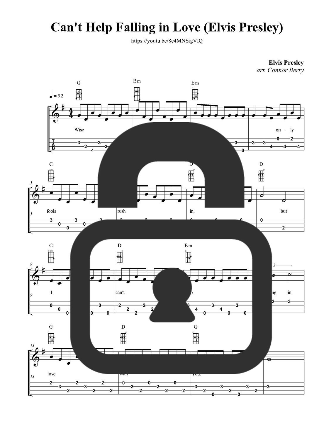 &quot;Can&#39;t Help Falling in Love - Elvis Presley&quot; Fingerstyle Ukulele Tab Sheet