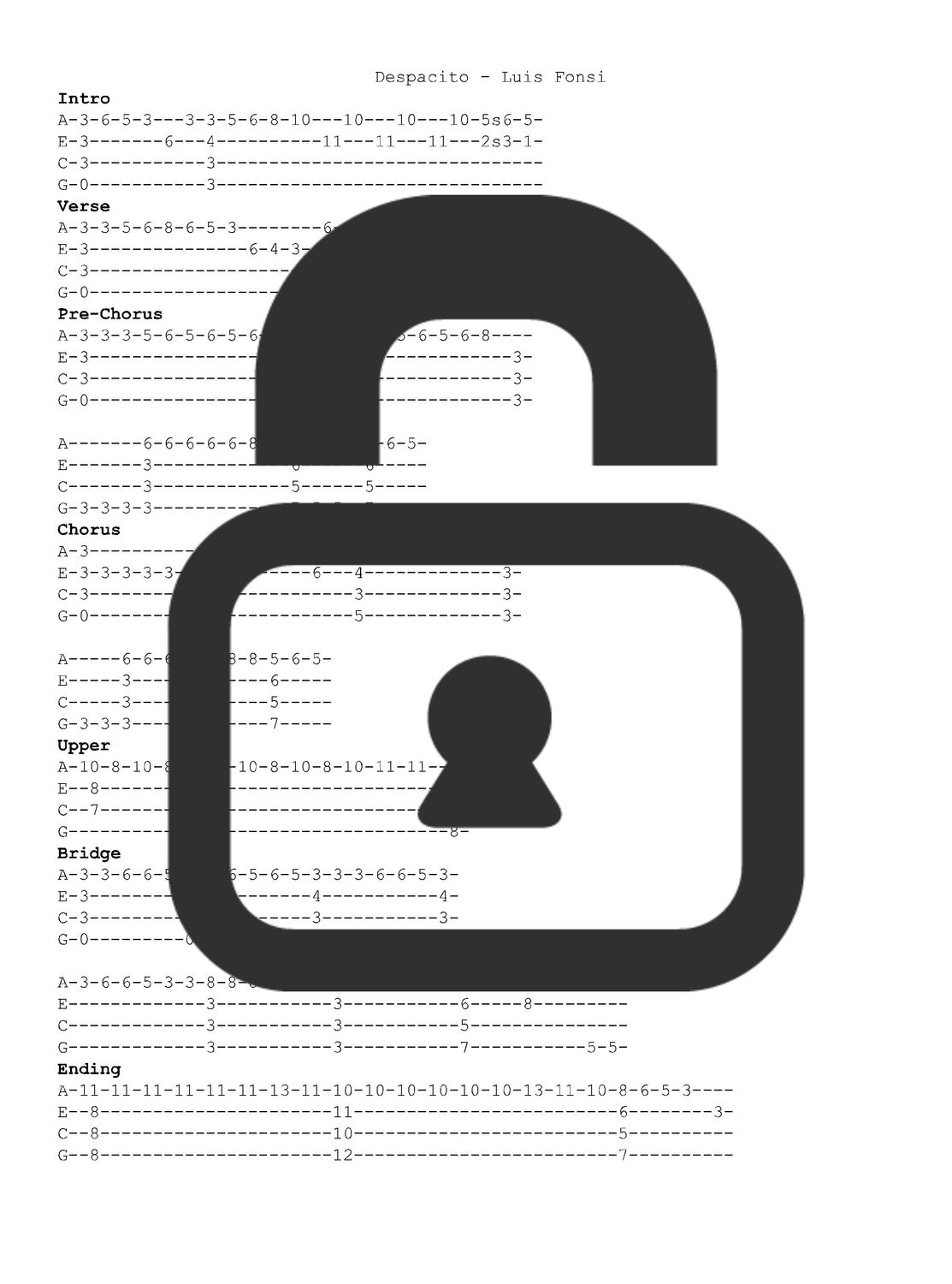 &quot;Despacito - Luis Fonsi&quot; Fingerstyle Ukulele Tab Sheet