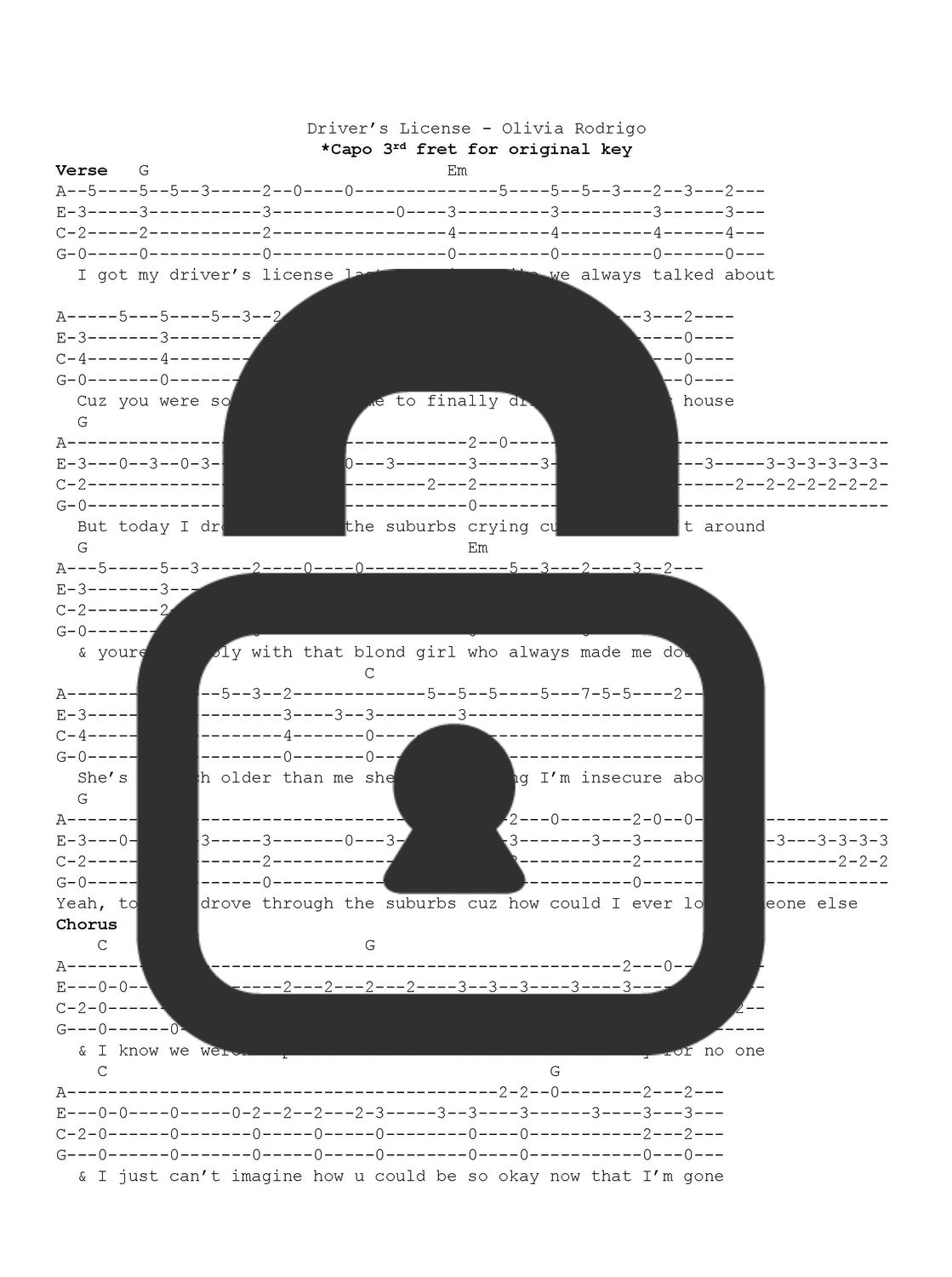 &quot;drivers license - Olivia Rodrigo&quot; Fingerstyle Ukulele Tab Sheet