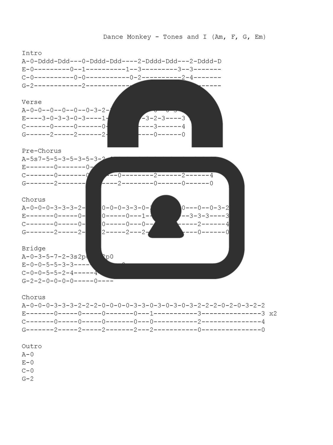 &quot;Dance Monkey - Tones and I&quot; Fingerstyle Ukulele Tab Sheet