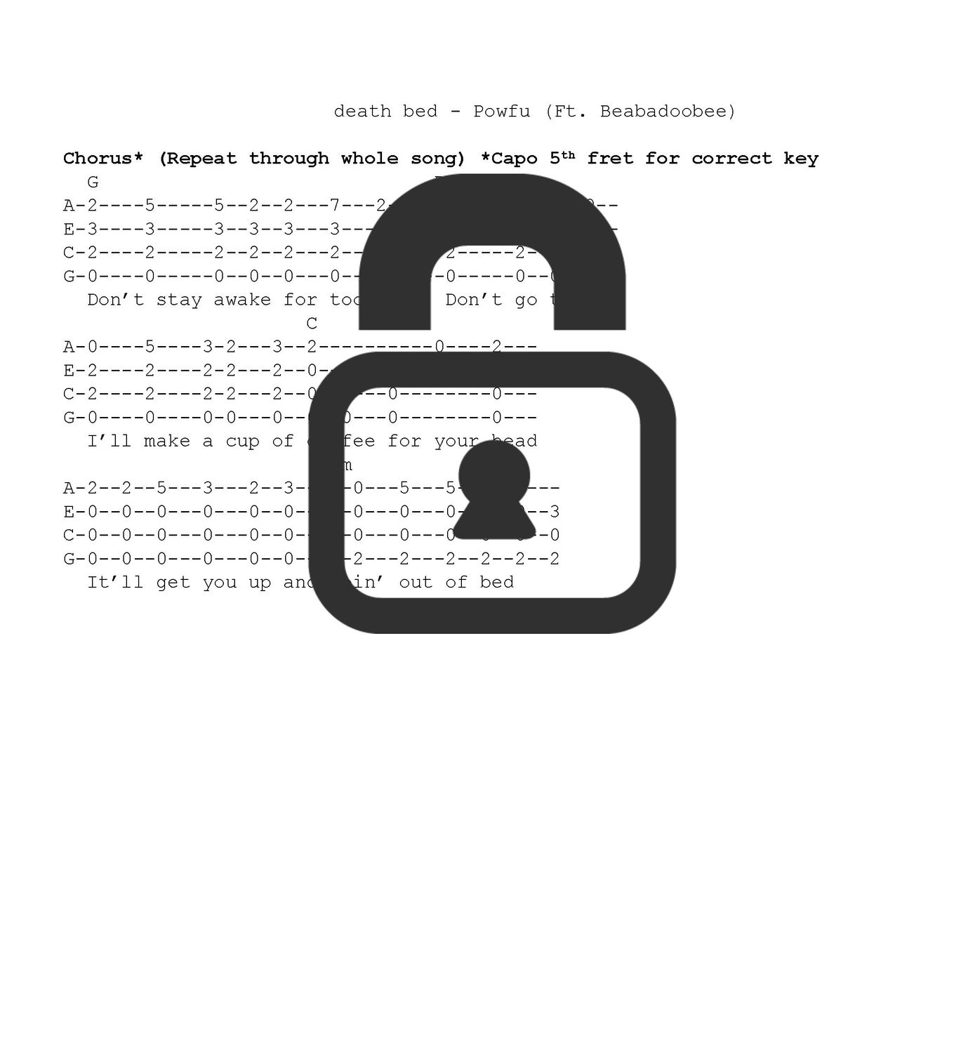 &quot;death bed - Powfu&quot; Fingerstyle Ukulele Tab Sheet