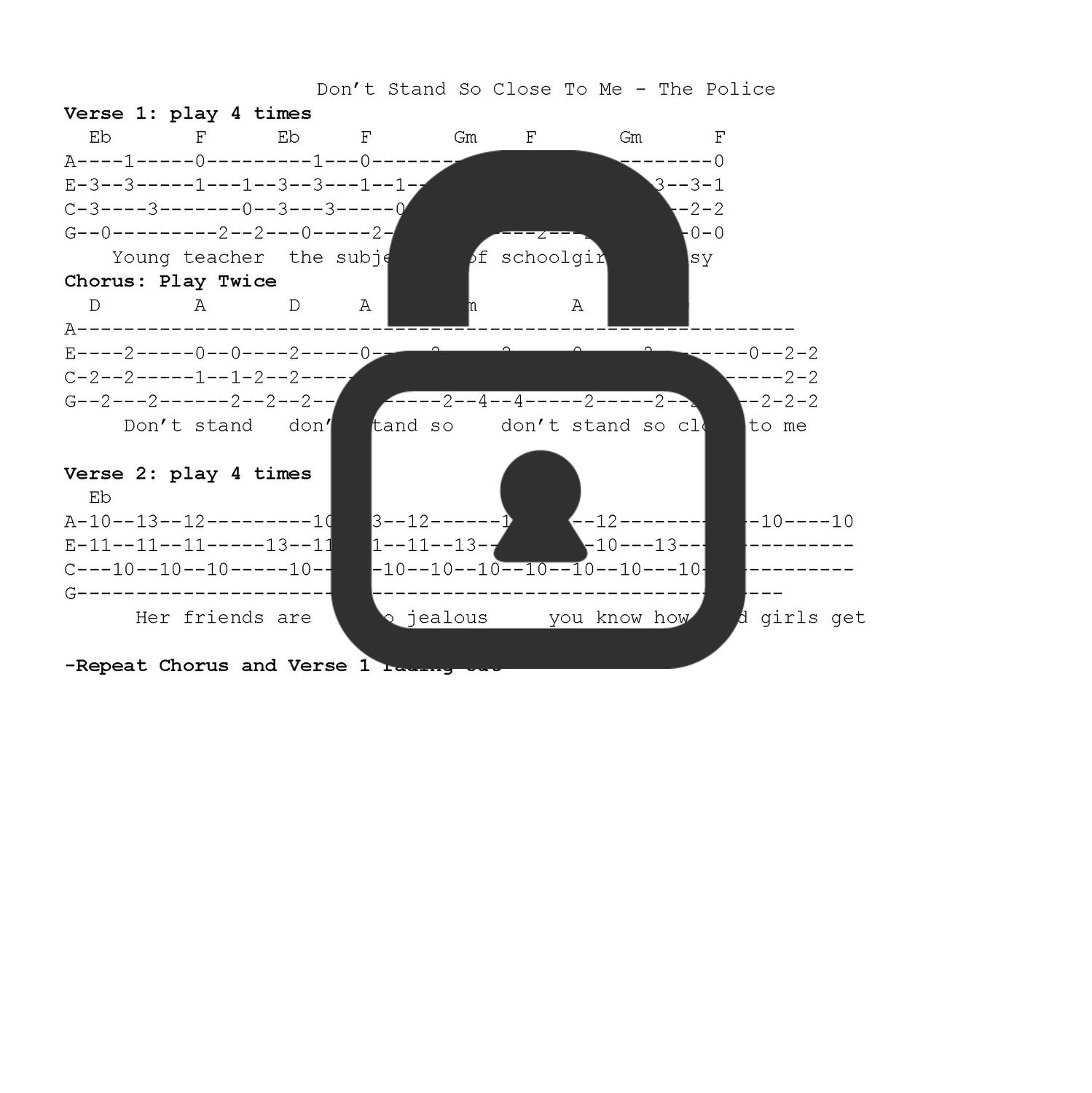 &quot;Don&#39;t Stand So Close to Me - The Police&quot; Fingerstyle Ukulele Tab Sheet