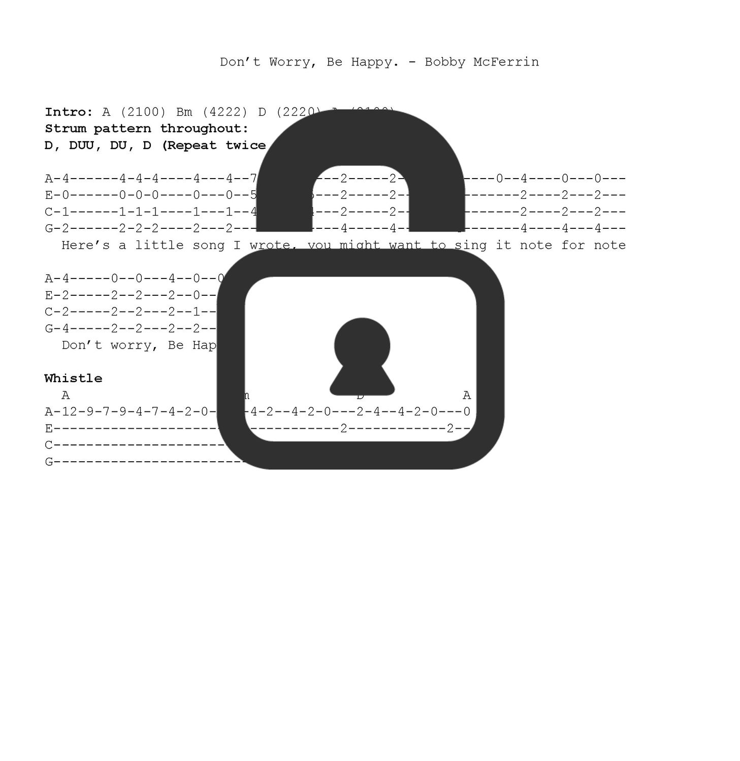 &quot;Don&#39;t Worry Be Happy - Bobby McFerrin&quot; Fingerstyle Ukulele Tab Sheet