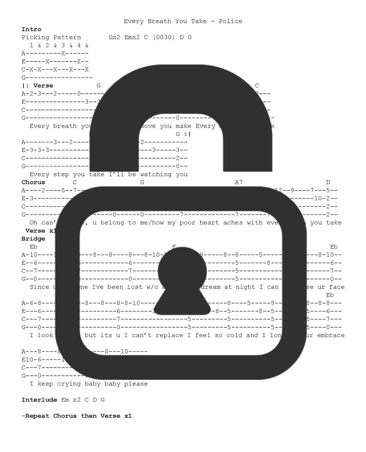&quot;Every Breath You Take - The Police&quot; Fingerstyle Ukulele Tab Sheet