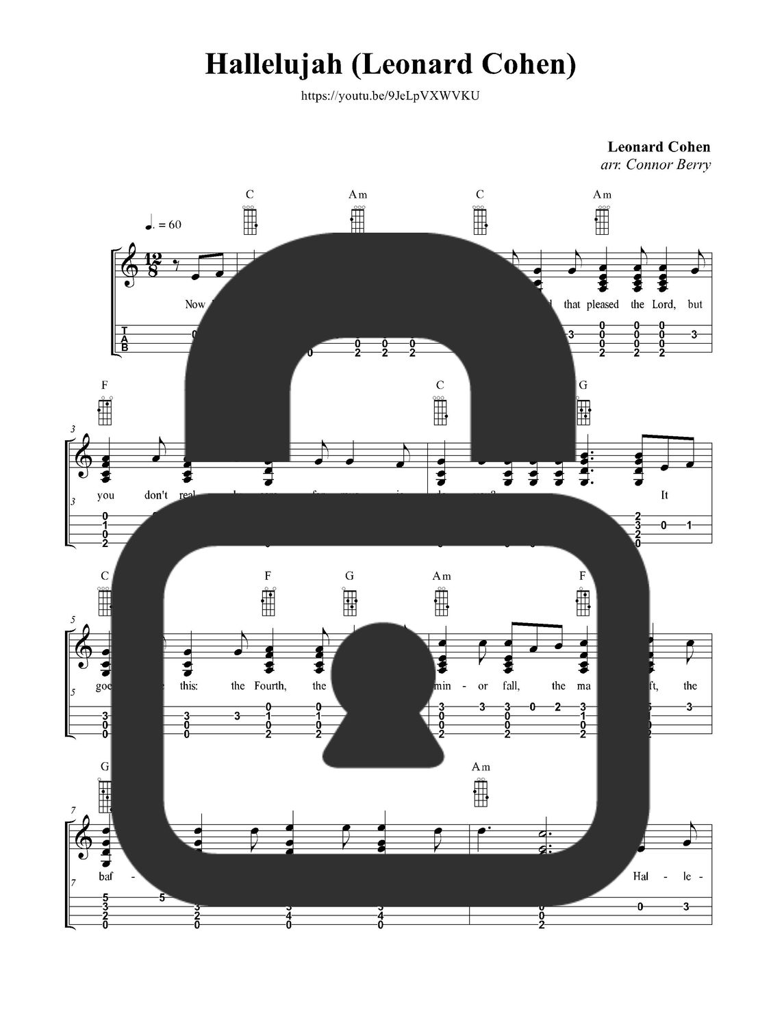 &quot;Hallelujah - Key of C - Lenard Cohen&quot; Fingerstyle Ukulele Tab Sheet