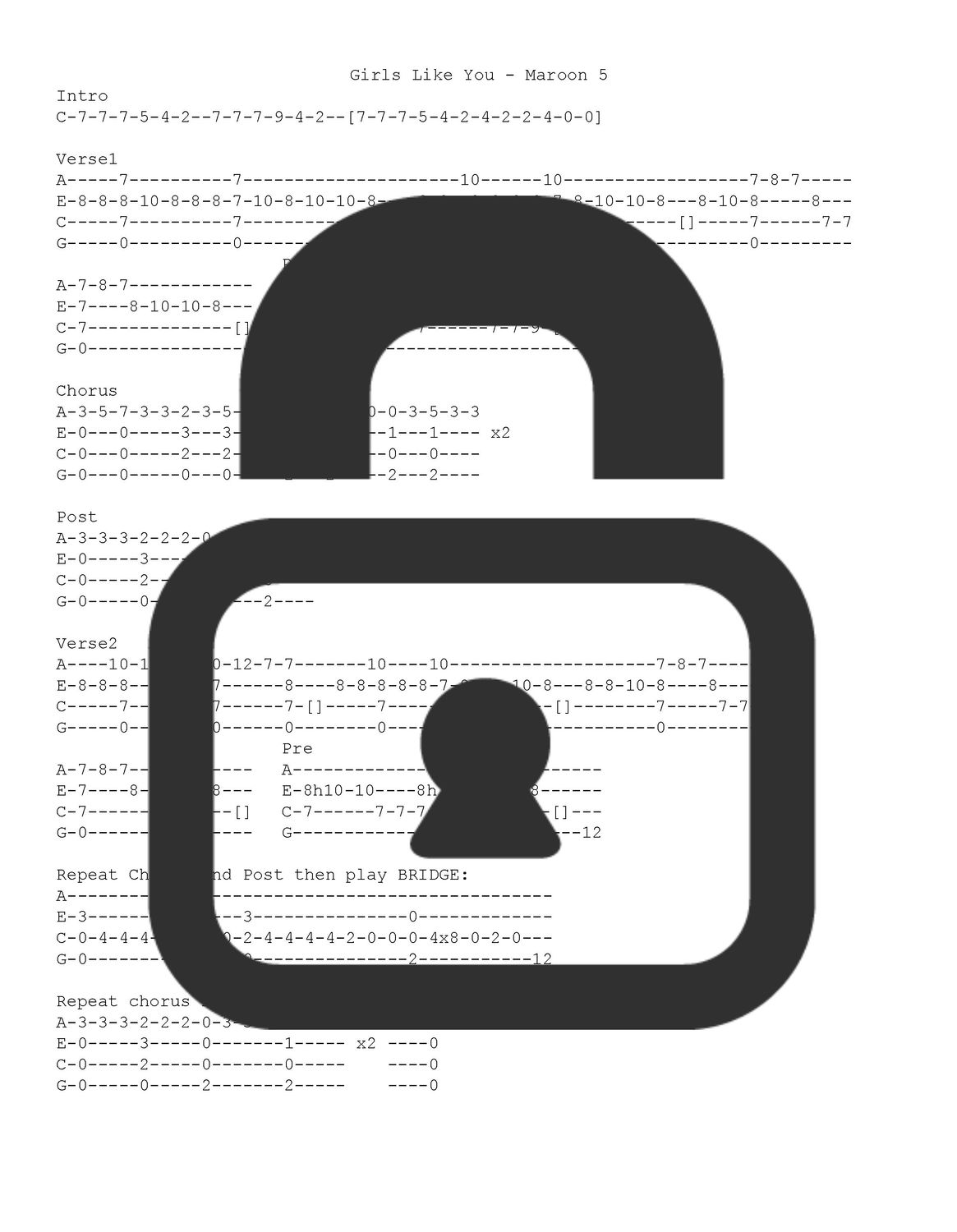 &quot;Girls Like You - Maroon 5&quot; Fingerstyle Ukulele Tab Sheet