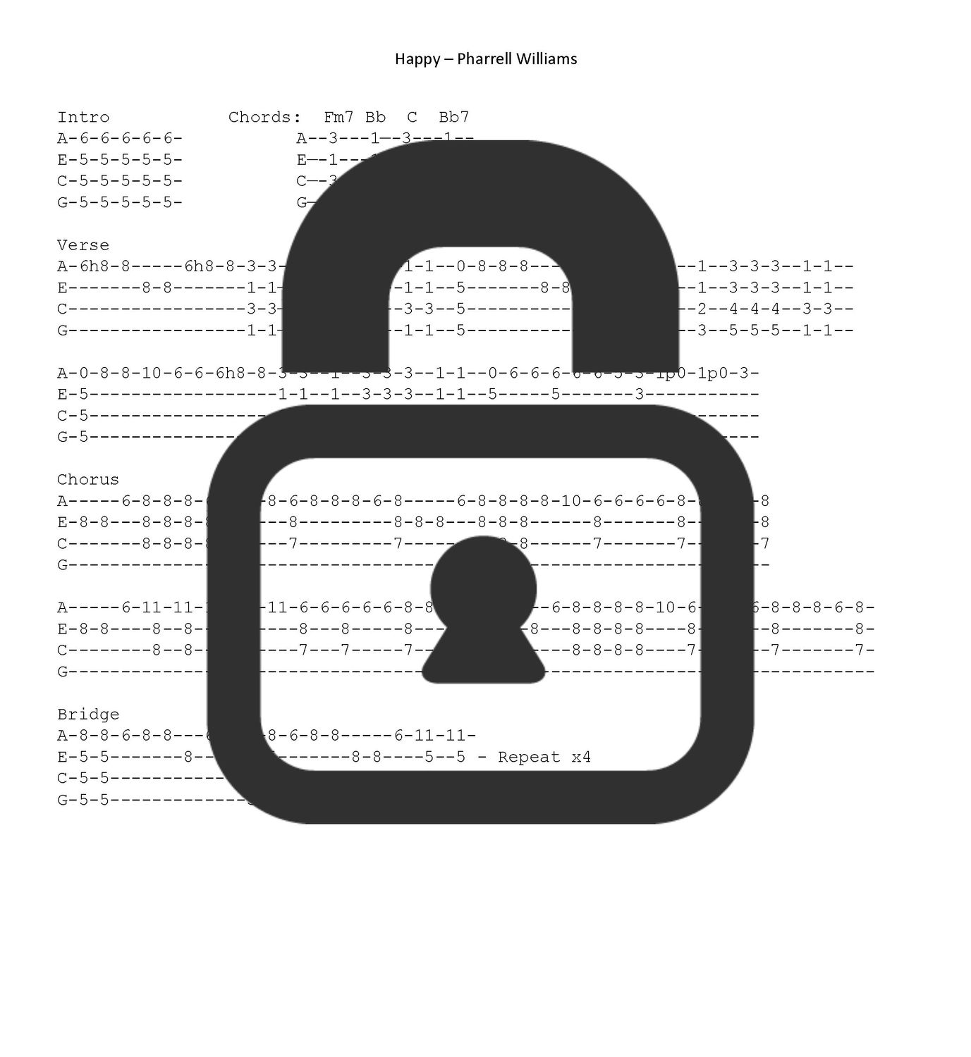&quot;Happy - Pharrell Williams&quot; Fingerstyle Ukulele Tab Sheet