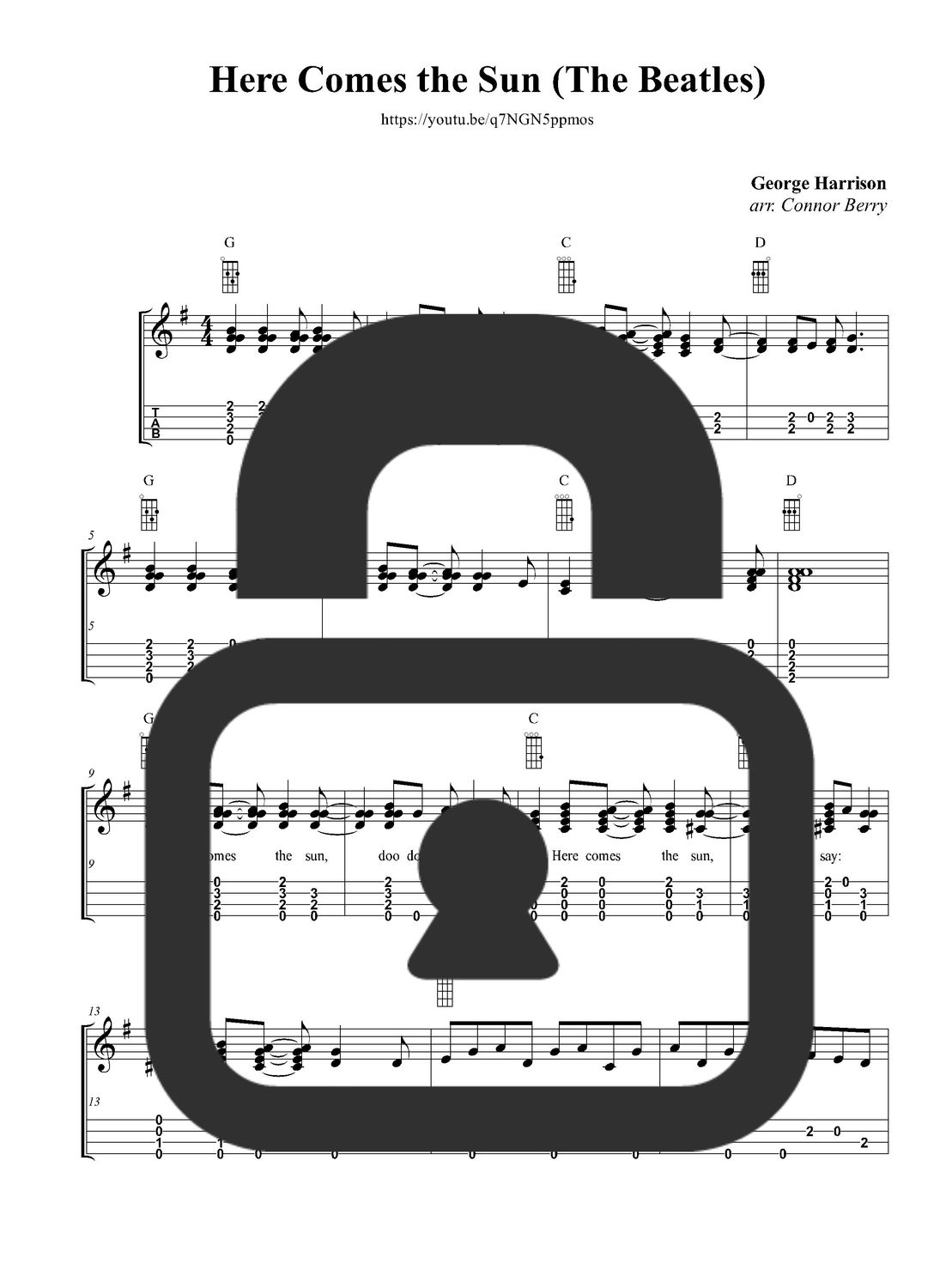 &quot;Here Comes the Sun - The Beatles&quot; Fingerstyle Ukulele Tab Sheet
