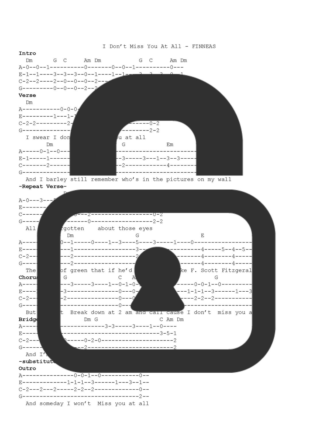 &quot;I Don&#39;t Miss You At All - Finneas O&#39;Conell&quot; Fingerstyle Ukulele Tab Sheet