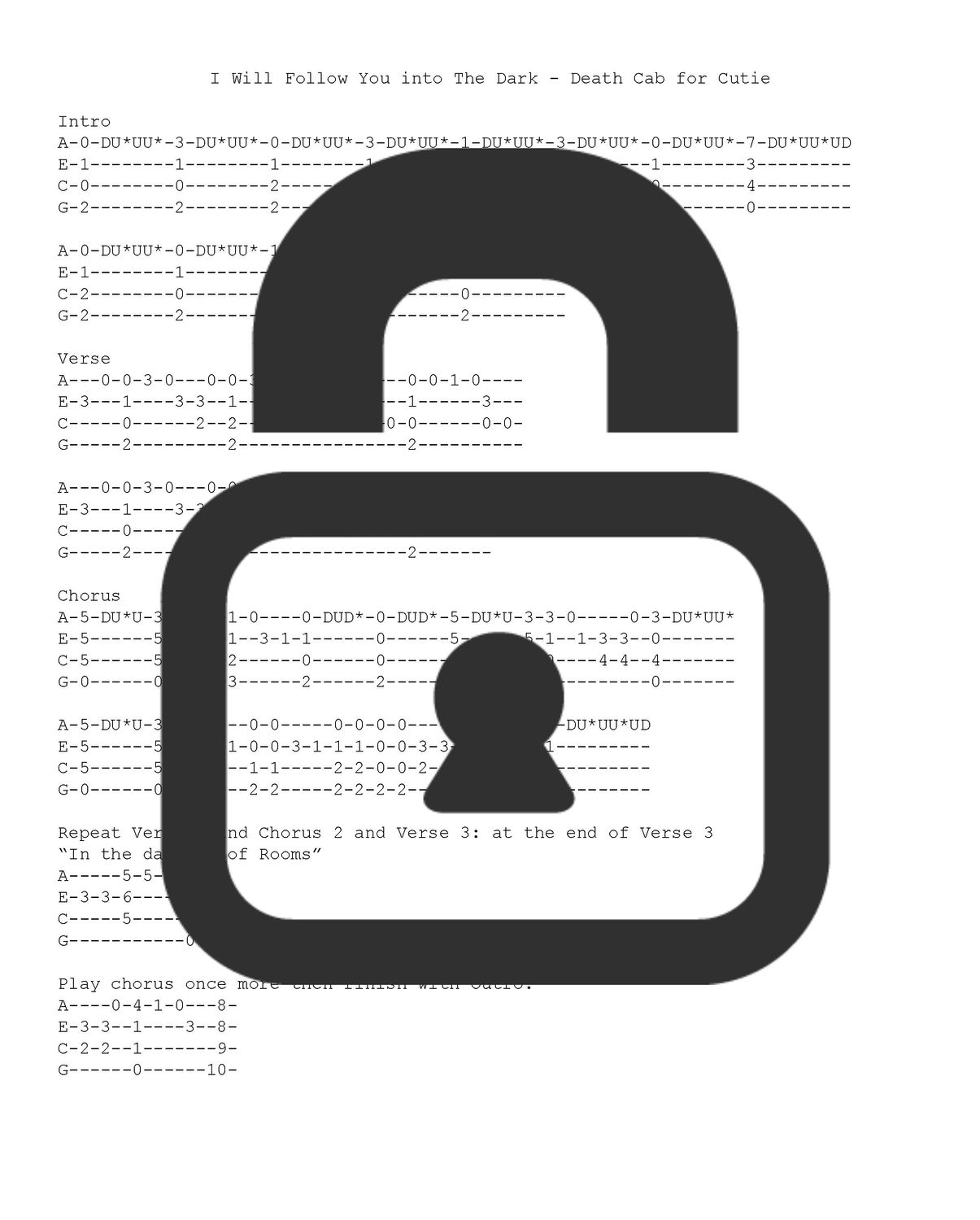 &quot;I Will Follow You into The Dark - Death Cab for Cutie&quot; Fingerstyle Ukulele Tab Sheet