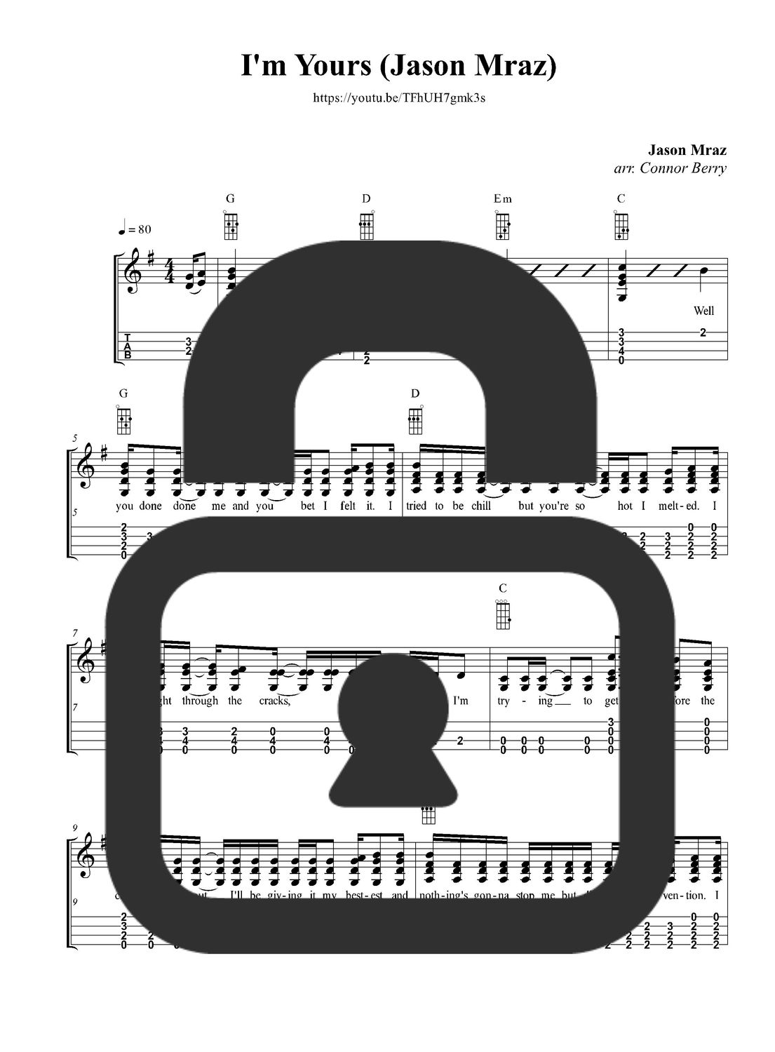 &quot;I&#39;m Yours - Key of G - Jason Mraz&quot; Fingerstyle Ukulele Tab Sheet